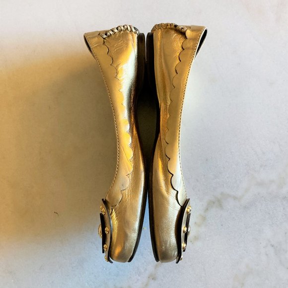 Tory Burch gold leather ballet flat shoes 9M heart / studs, TB logo, metallic - Picture 5 of 12